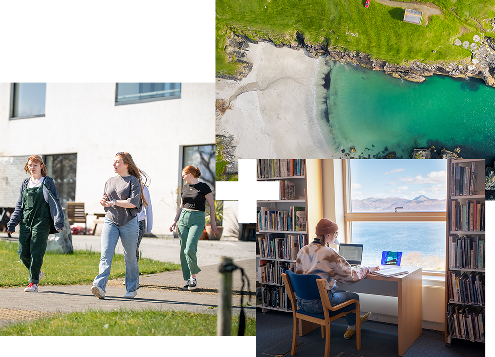 Aerial top down view of a beach | Four people walking | A person studying in a library