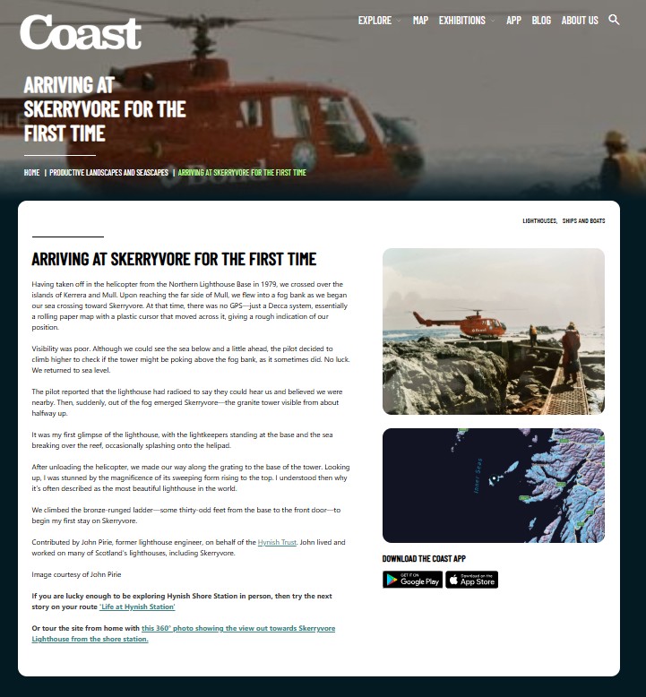 Screenshot of article about arriving at Skerryvore for the first time on the Coast website Screenshot of article about arriving at Skerryvore for the first time on the Coast website