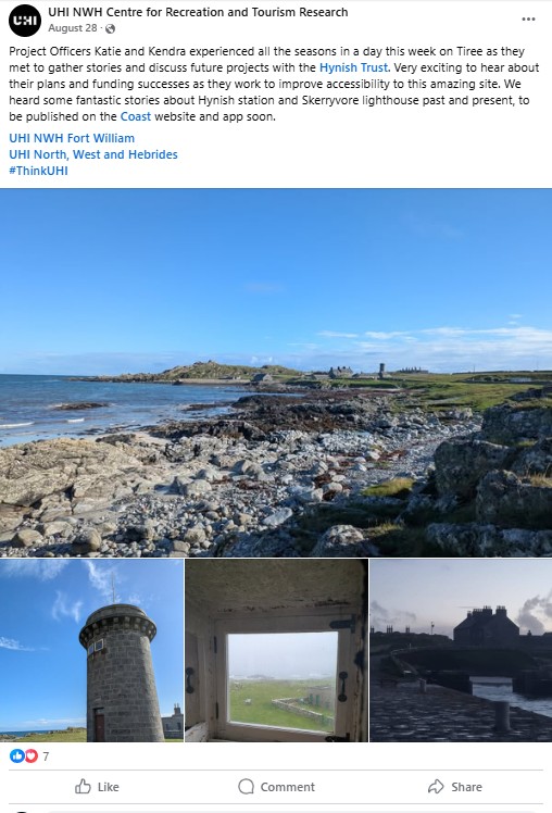 Screenshot of UHI NWH Centre for Recreation and Tourism Research Facebook post about this Hynish Trust project Screenshot of UHI NWH Centre for Recreation and Tourism Research Facebook post about this Hynish Trust project
