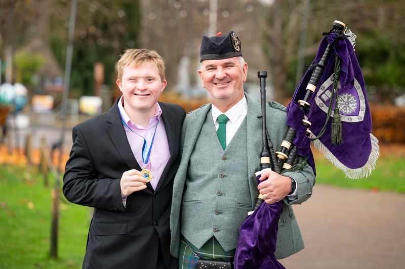 Matthew McCreadie, Half Blue winner. Pictured with DJ MacIntyre, UHI's Gaelic Officer, and the bagpiper during the day's events Matthew McCreadie, Half Blue winner. Pictured with DJ MacIntyre, UHI's Gaelic Officer, and the bagpiper during the day's events