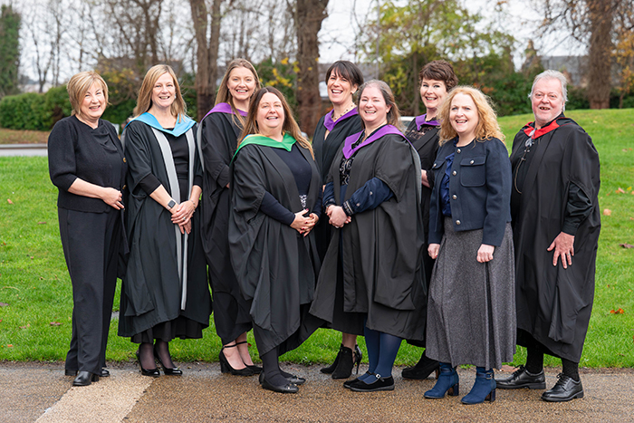 Back row (left to right):  Sylvia Hazelhurst, NES; Dr Heather Bain, UHI; and graduates Jamie Anderson, Astrid Cowie and Heidi Jones. Front row (left to right): Lizanne Hamilton-Smith, UHI; graduate Jenna Gettings; Trish Gray, NES; and Roland Preston, UHI. Photo credit: Tim Winterburn and UHI.