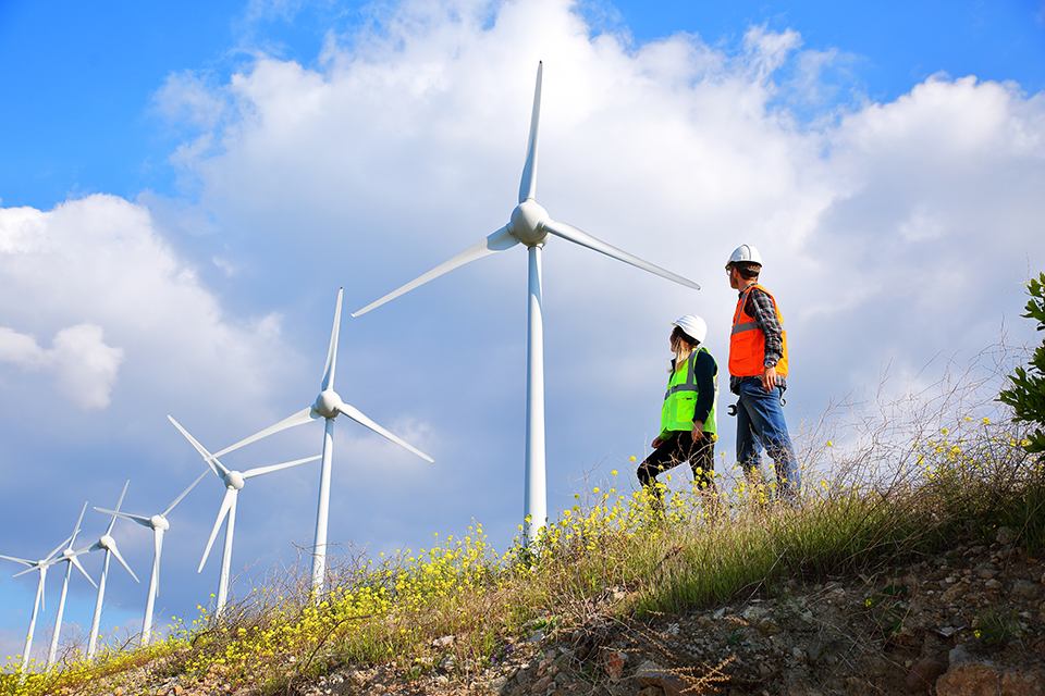Two people looking at a wind farm Two people looking at a wind farm
