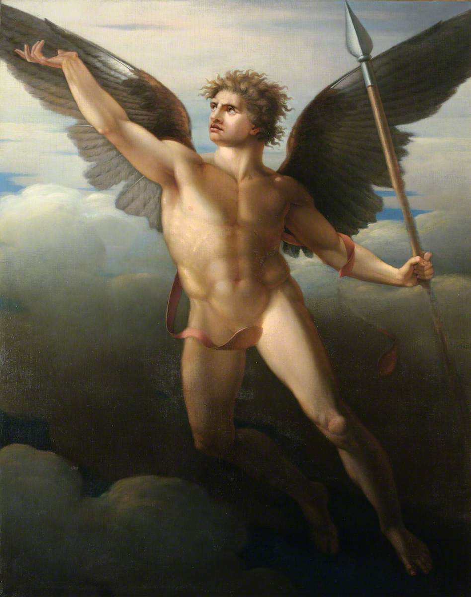 Painting of a male angel in the nude, holding a spear and standing amidst clouds