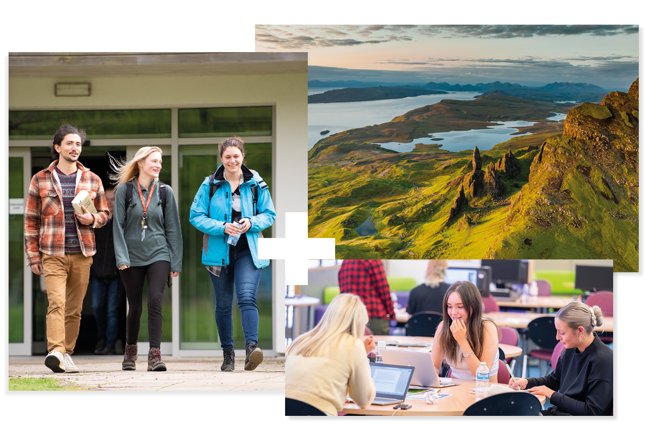 Three people walking together | Landscape scenery on Isle of Skye | Students studying at a desk