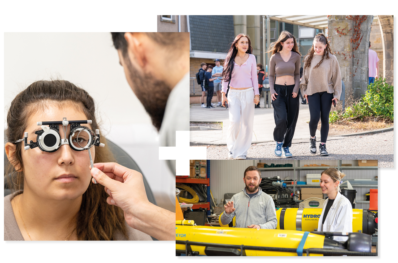 Person having an eye exam | Three people walking together | Two people looking an ocean surveying equipment