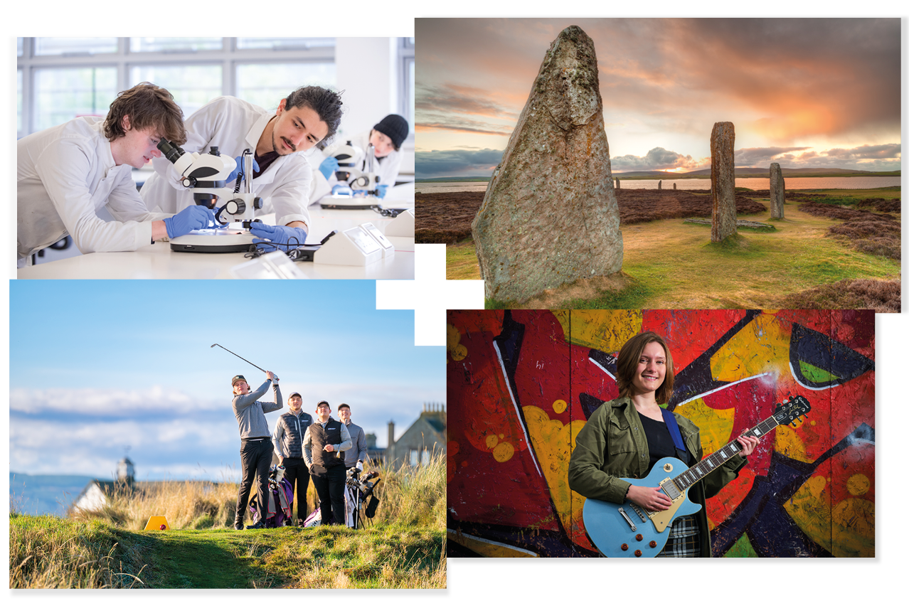 People using a microscope | Standing stones on Orkney | Golfers hitting a ball | Musician holding a guitar