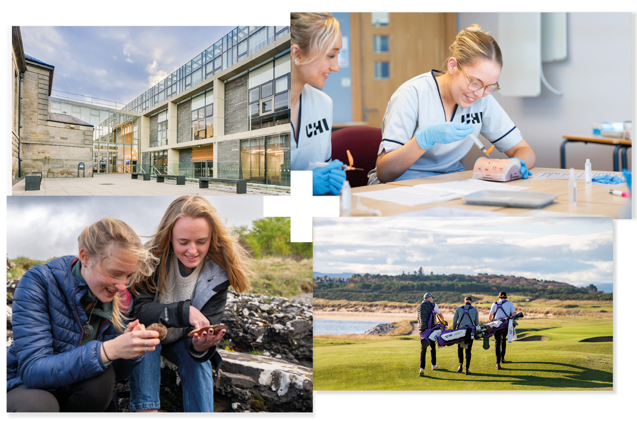 Collage of 4 | UHI Moray campus | Nursing students practising stitching | Marine science students looking at marine life | Students walking on a golf course