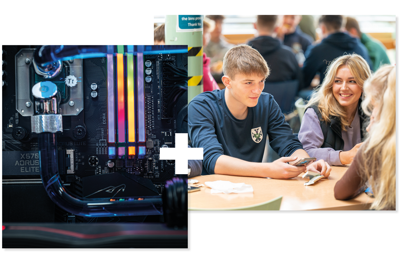 Collage of 2. Close-up of computer. Students in a canteen. Collage of 2. Close-up of computer. Students in a canteen.