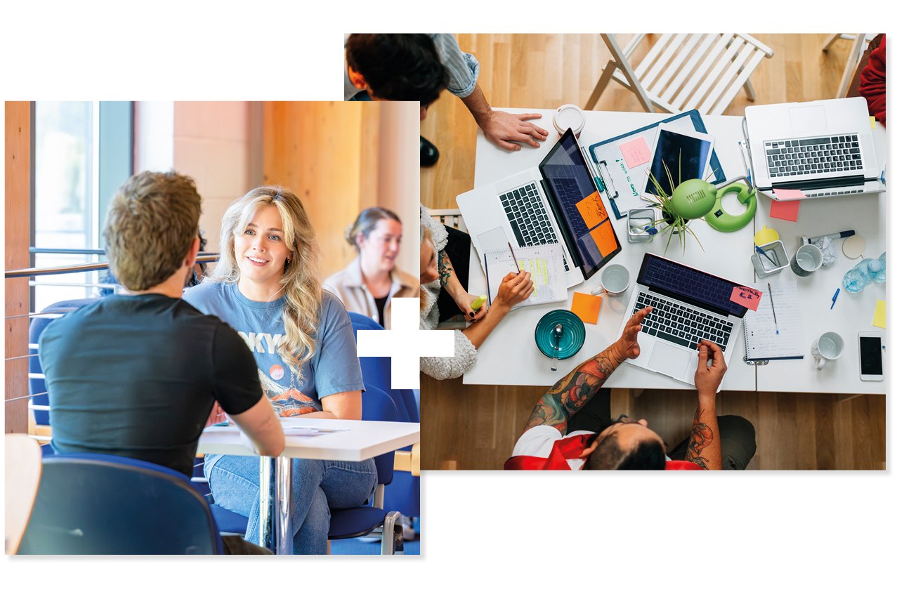 Collage of 2. Students talking in a canteen. Laptops on a table.